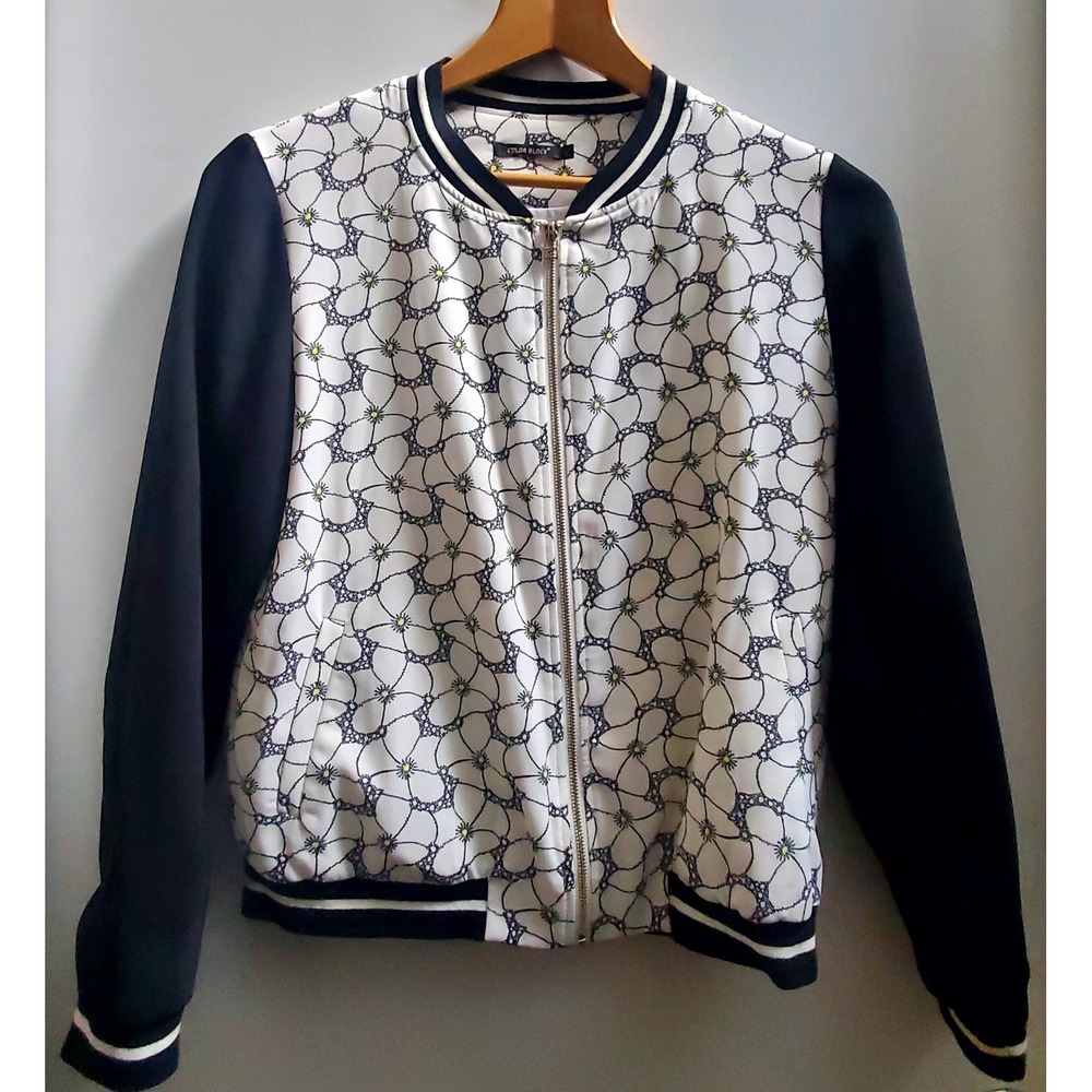 Colorblock Jacket Baseball Bomber XL Black Sleeve Ivory Yellow Flowers Full Zip